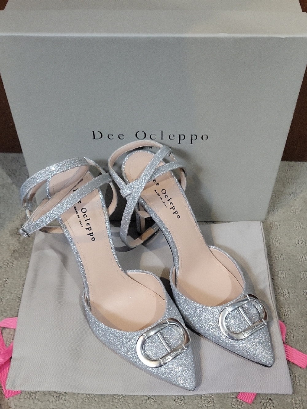 Dee Ocleppo Silver Glitter Ankle-Strap Heels